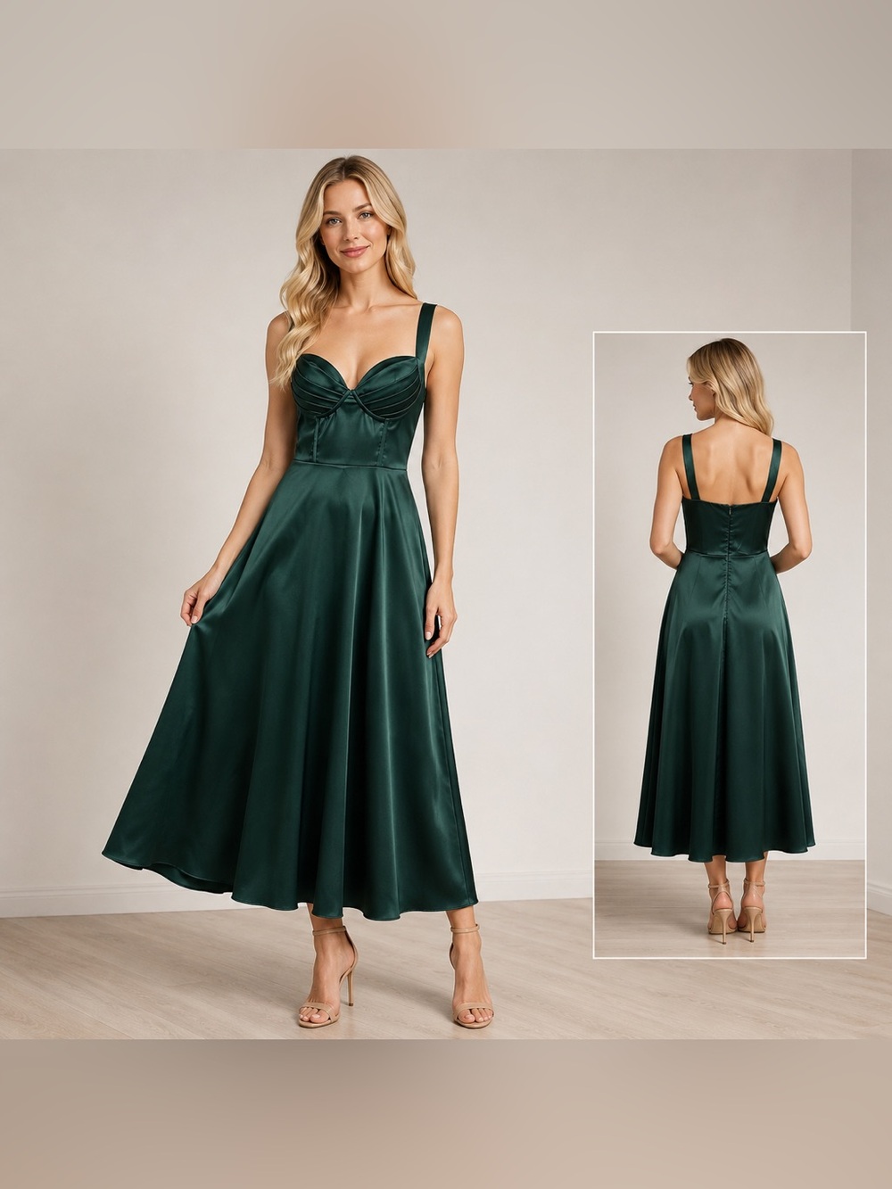 Emerald Green Satin Midi Dress with Sweetheart Bodice